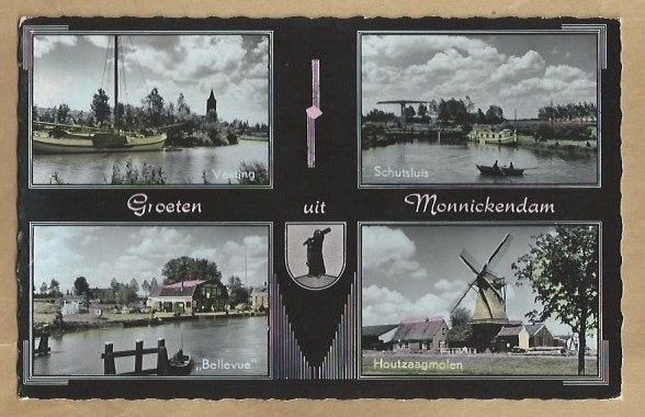 Ansichtkaart Groeten uit Monnickendam - 1958, Ophalen of Verzenden, 1940 tot 1960, Gelopen, Noord-Holland