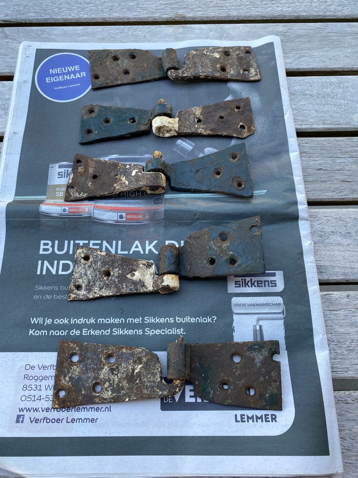 5 Oude gesmede scharnieren - Antiek ijzeren beslag, Doe-het-zelf en Verbouw, Ophalen of Verzenden, Gebruikt, IJzer, Scharnier