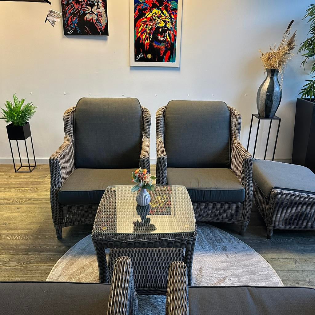 4 Seasons Outdoor (4SO) fauteuils + tafel + voetenbankjes, 4 zitplaatsen, Verzenden, ., Zo goed als nieuw