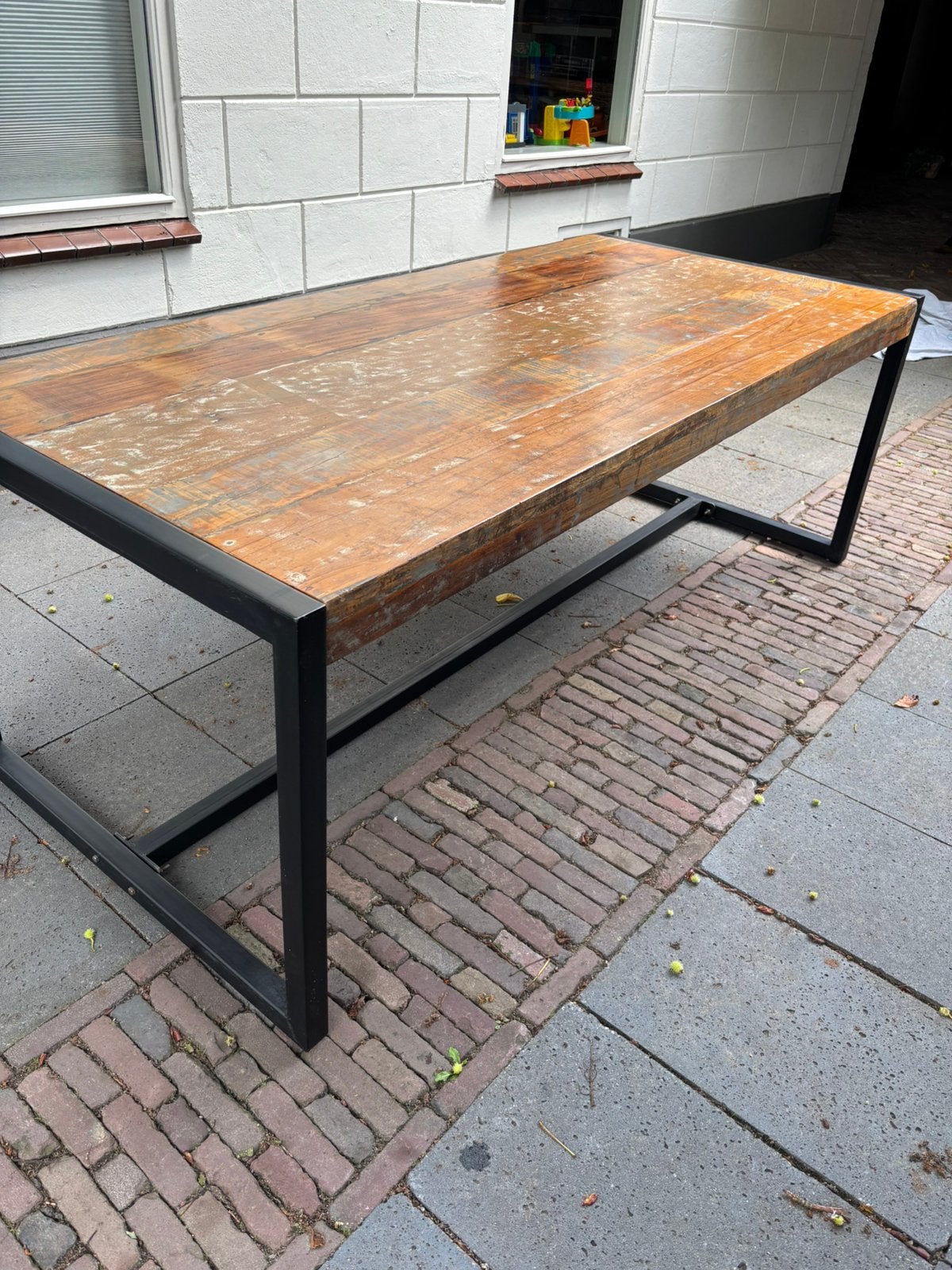 Stoere teak houten eettafel met stalen onderstel 100x220 cm, Ophalen, Teakhout, Stoer teak, 200 cm of meer