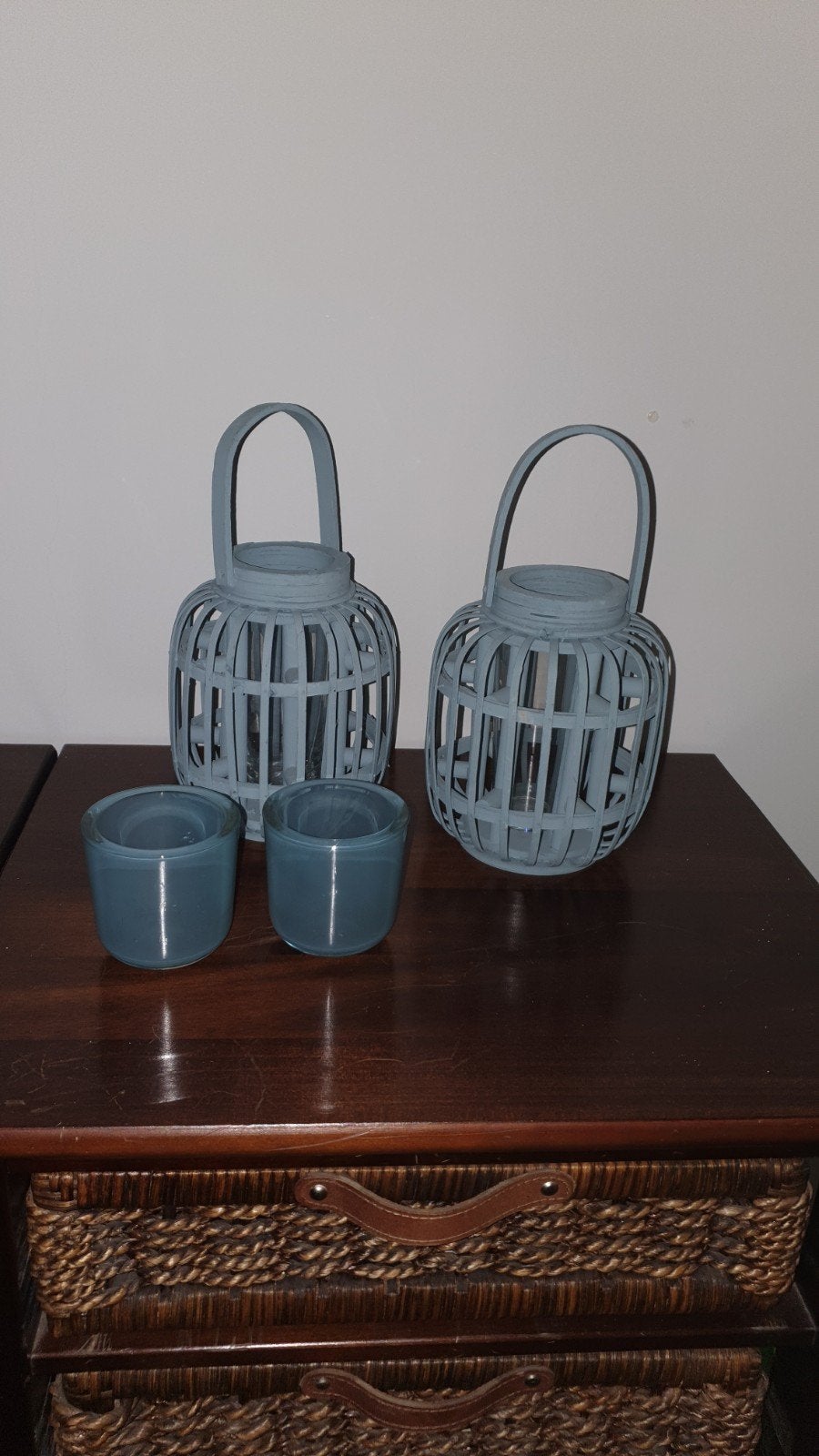 2 rieten lantaarns en 2 waxinehouders, Ophalen of Verzenden, Blauw