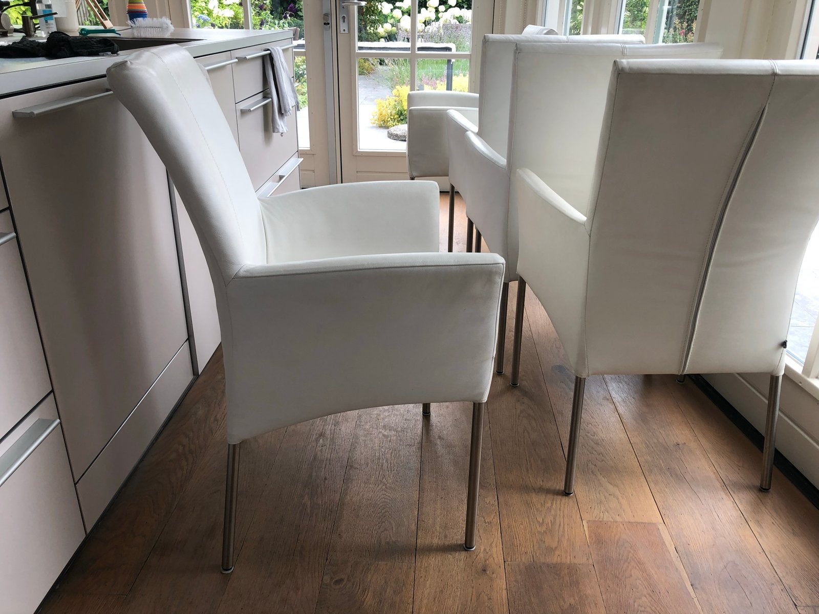 Set van 6 Witte Leren Eetkamerstoelen, Huis en Inrichting, Stoelen, Ophalen, Gebruikt, Wit, Leer