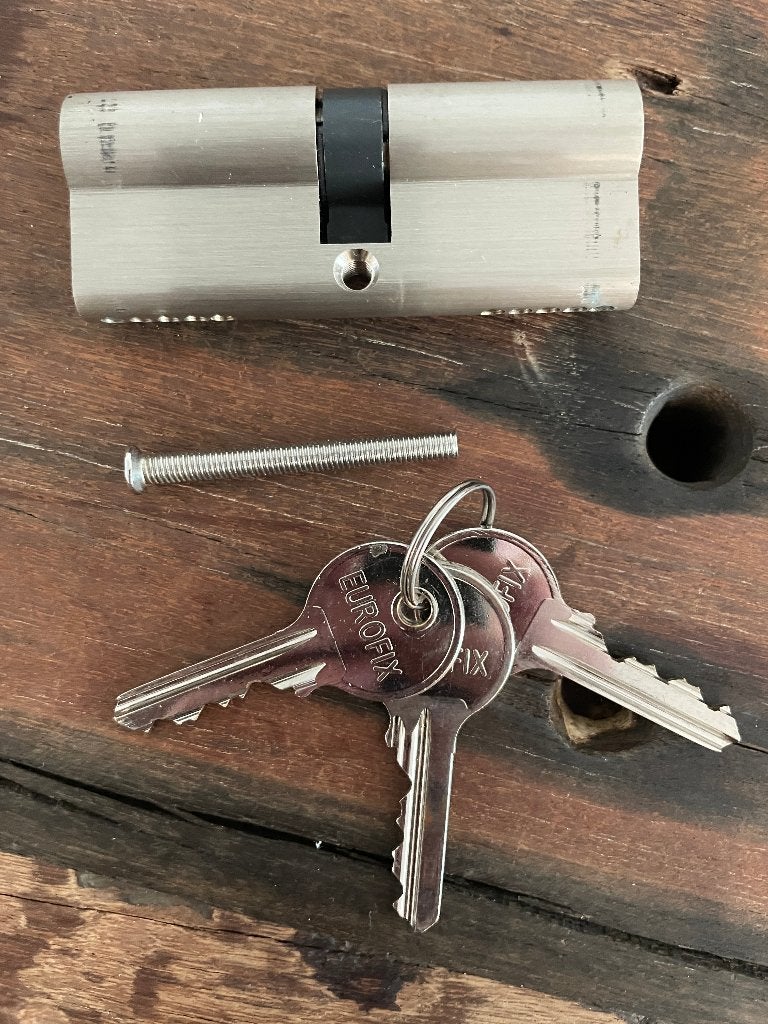 2 slotcylinders tbv poort of schuurdeur, Ophalen of Verzenden, Zo goed als nieuw, Rvs, Slot