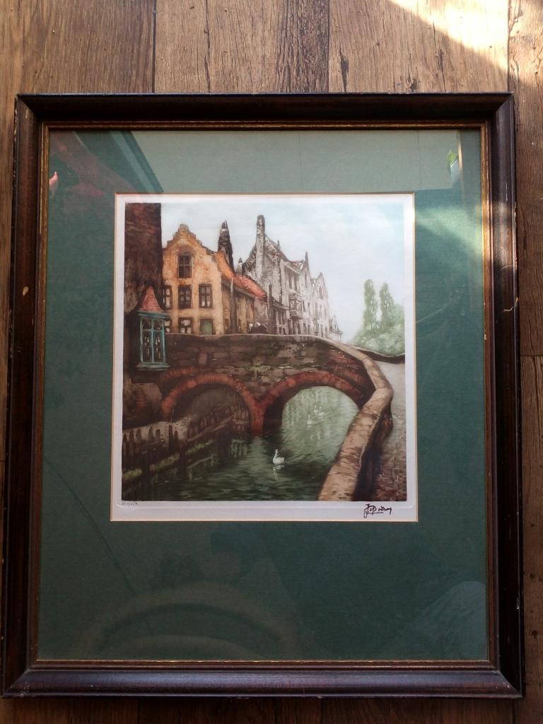 Mooie oude ingelijste litho van Brussel door Jef Codron., Ophalen of Verzenden
