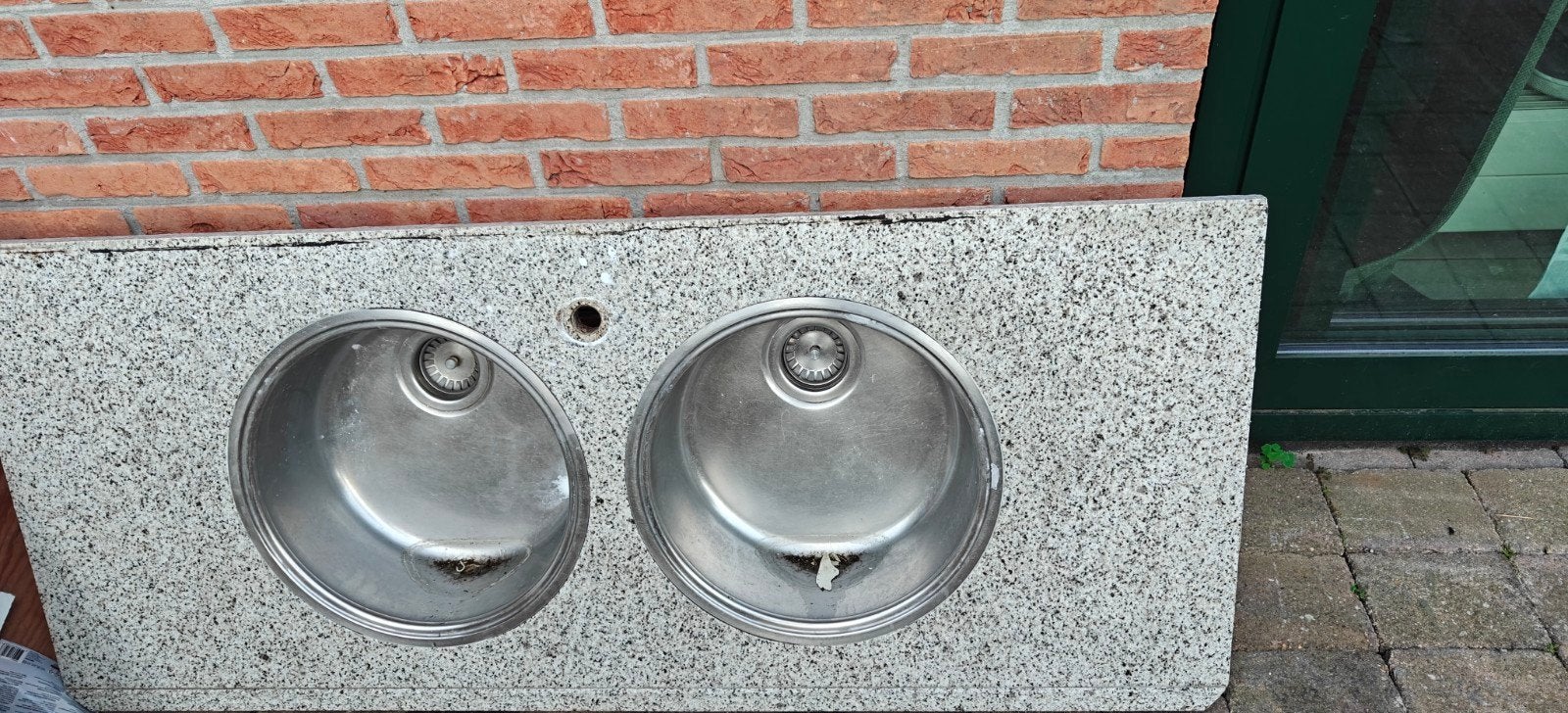 Granieten aanrechtblad met dubbele spoelbakken, Ophalen of Verzenden, Steen/keramiek, Grijs, Overige typen