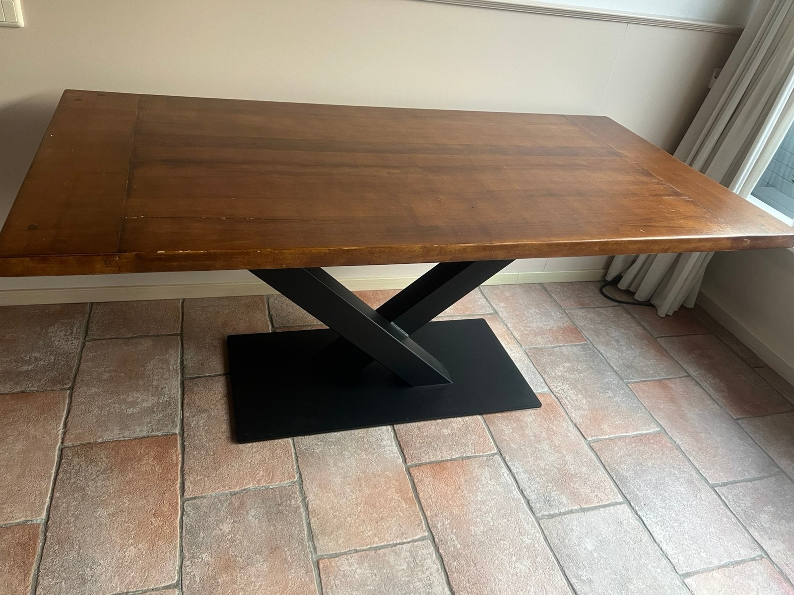 Eettafel teakhout met staal 180x90, Ophalen, Gebruikt, Teakhout, 50 tot 100 cm