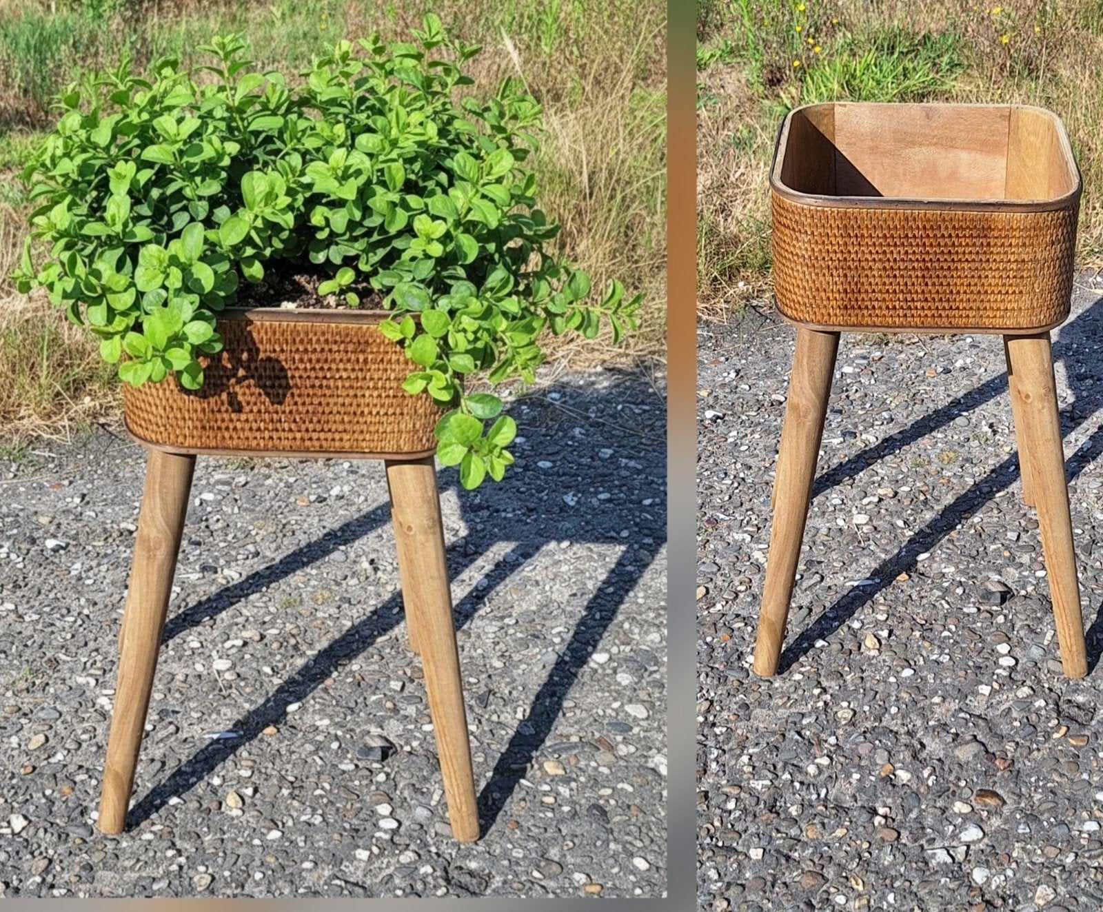 Nieuw! hippe en stijlvolle plantenbak met rotan op poten., Ophalen, Binnen, ., Minder dan 60 cm