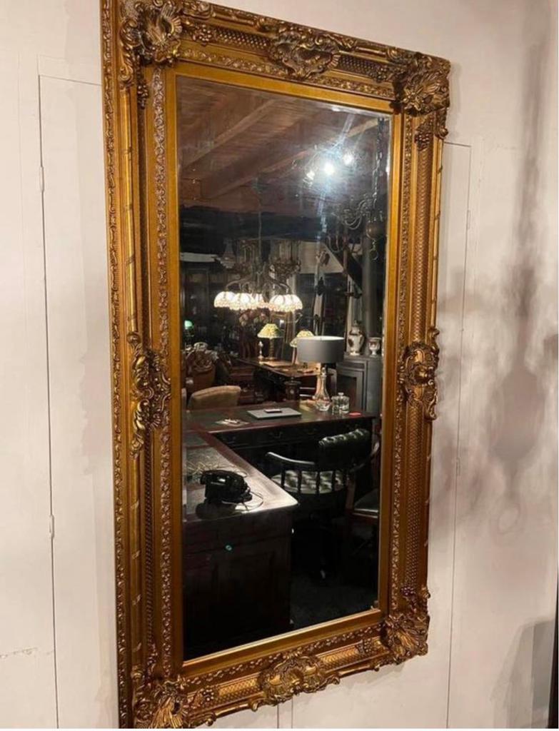 Grote goud kleurige spiegel met barok lijst Ongv. 183 h 95 b, Ophalen, Rechthoekig, 50 tot 100 cm, 150 tot 200 cm