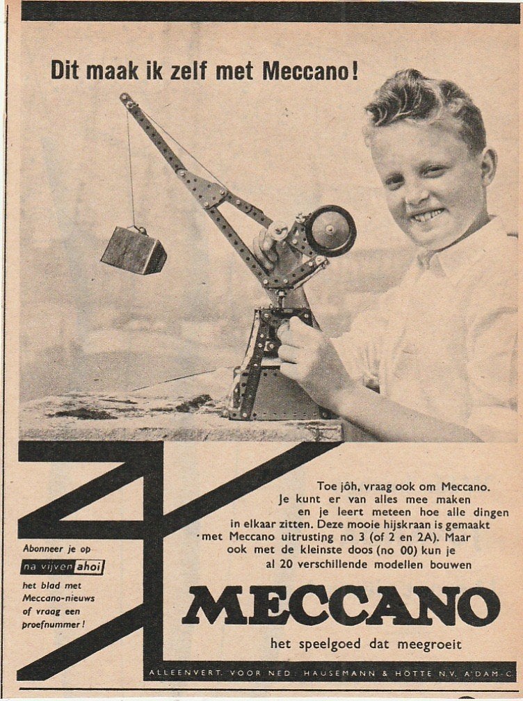 retro reclame 1958 Meccano speelgoed jongetje toe joh, Verzenden, Overige typen