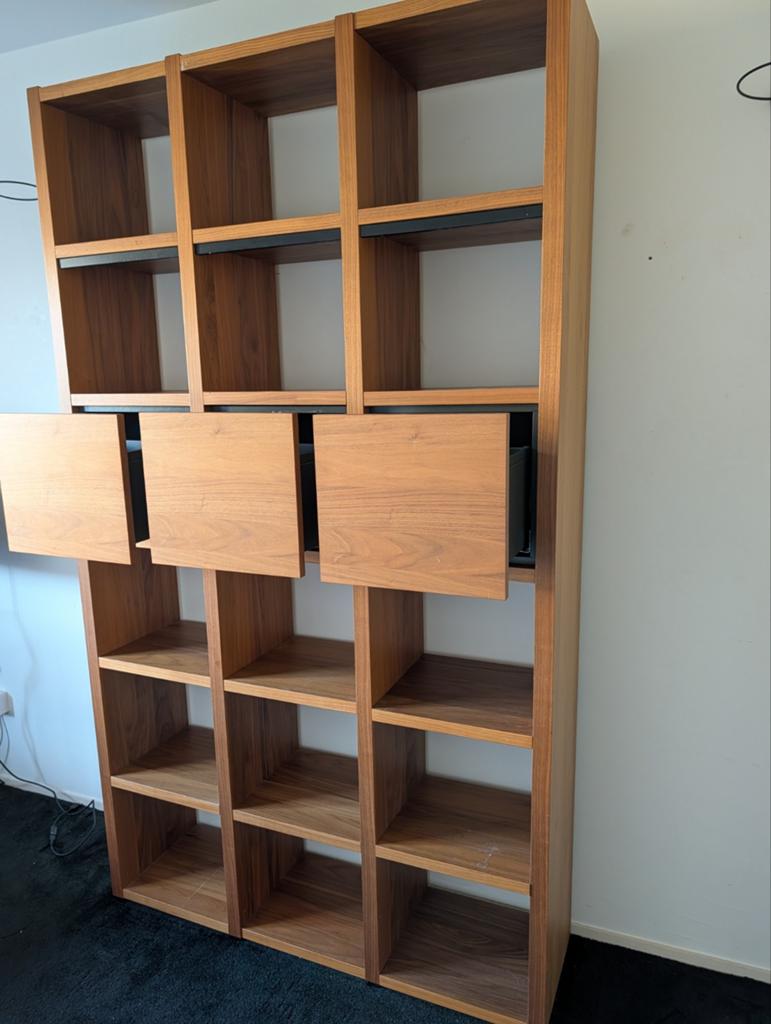 Grote Teakhouten Boekenkast met Opbergvakken, Gebruikt, 200 cm of meer, Teakhout, Ophalen of Verzenden