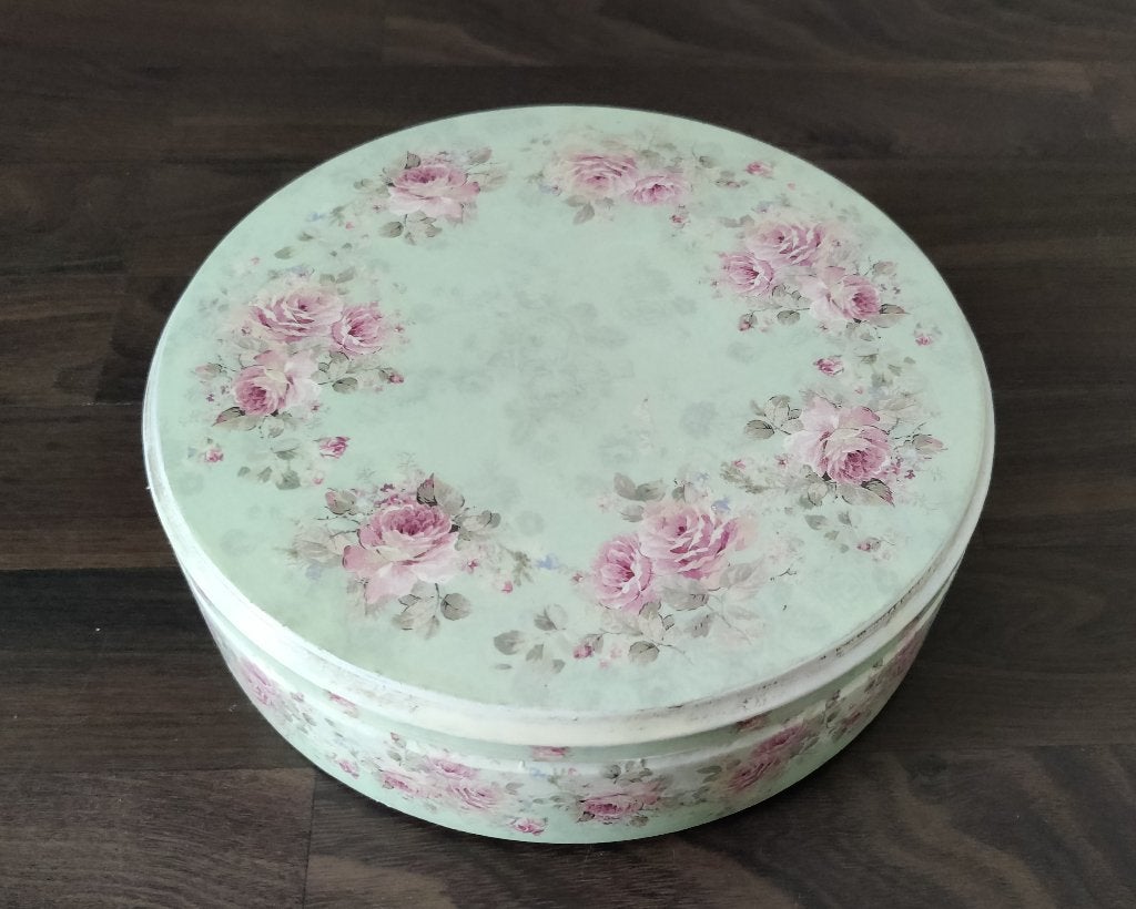 Koektrommel vintage groen met fijne roosjes, Kunststof, Gebruikt, Overige typen, Ophalen of Verzenden
