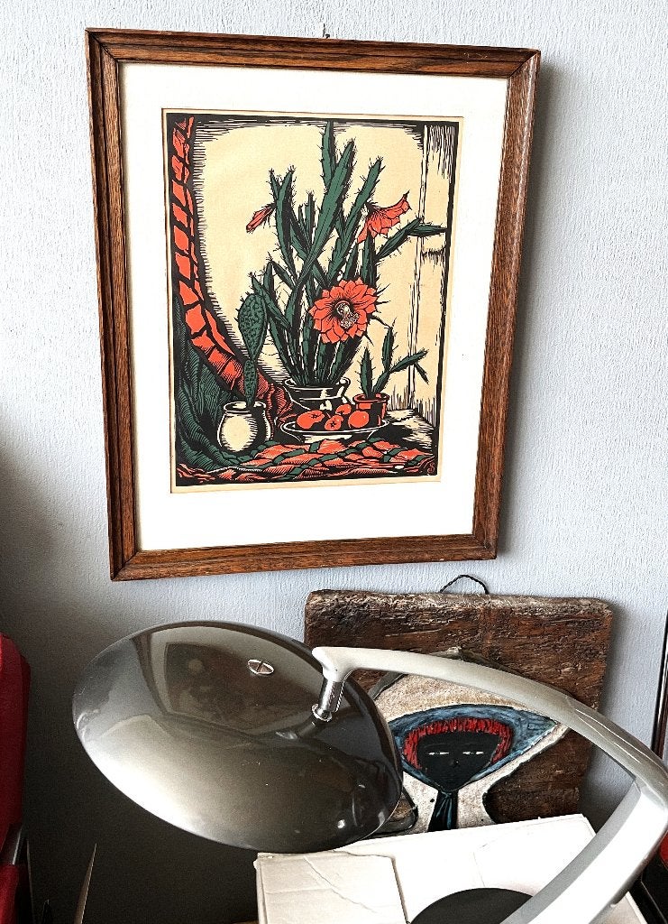Art Deco mooie houtsnede JAN SCHONK bloeiende cactus, Verzenden, Flora en Fauna, Houtsnede, Gesigneerd