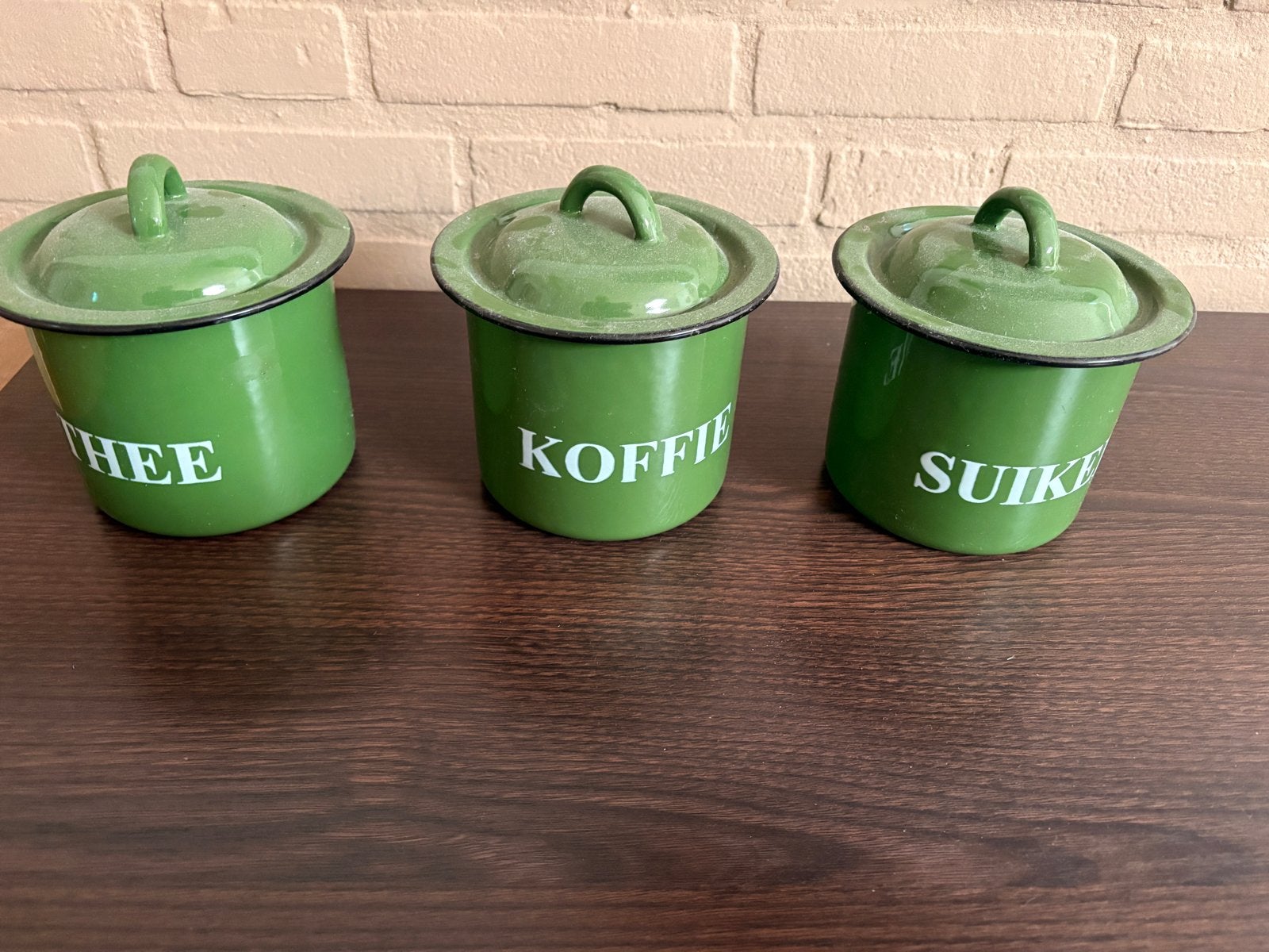 Vintage Groene Emaille Voorraadpotten (Thee, Koffie, Suiker), Antiek en Kunst, Ophalen