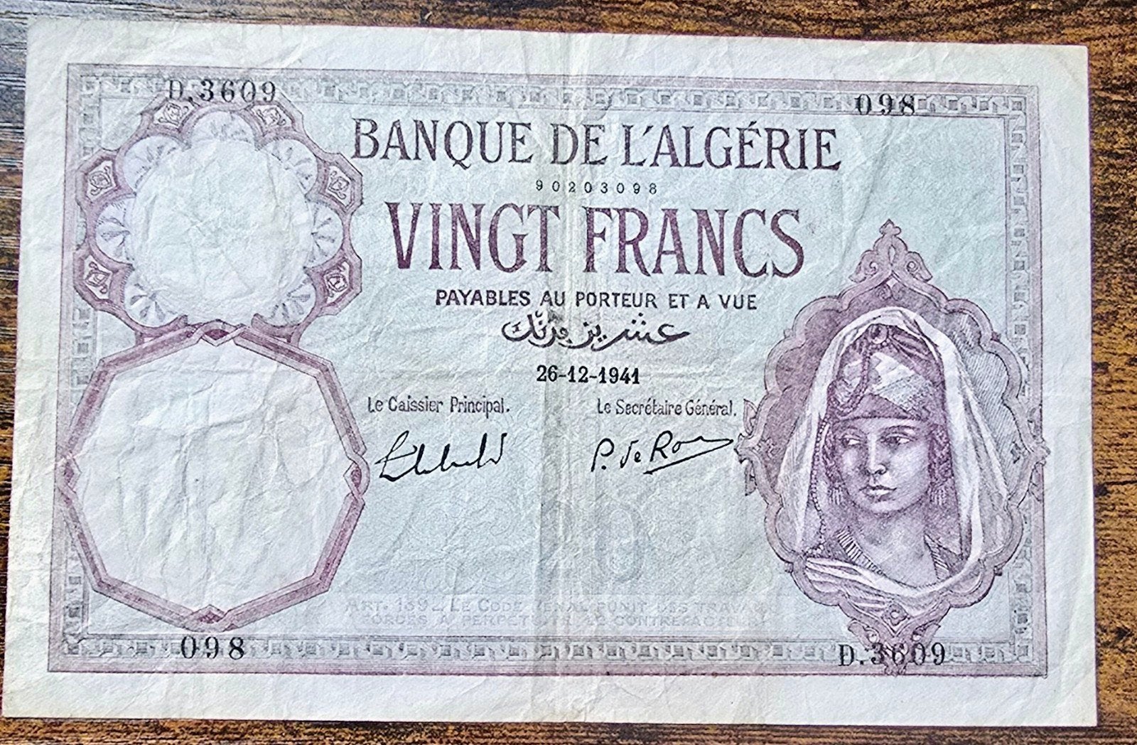 Algerije 20 Francs 1941 - Zeldzaam bankbiljet, Postzegels en Munten, Bankbiljetten | Afrika, Ophalen of Verzenden