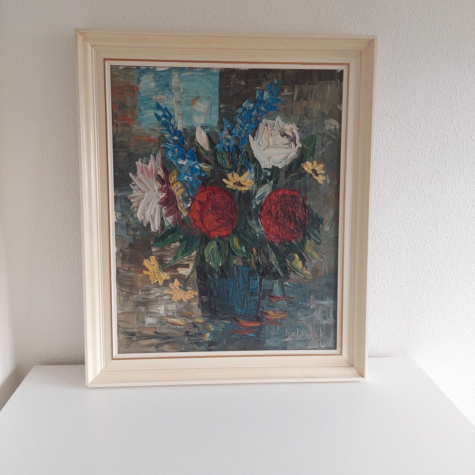 Schilderij met bloemen in vaas, olieverf op doek, Selhorst, Ophalen of Verzenden