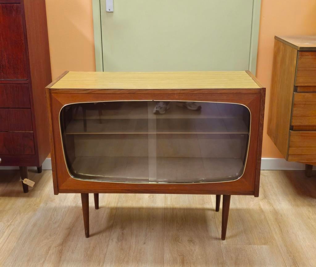 Vintage Vitrinekast Vitrine Kast Kastje Teak Fineer, Ophalen, 50 tot 100 cm, Nvt, Minder dan 100 cm