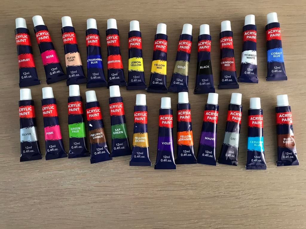 24 tubes acryl verf, Hobby en Vrije tijd, Ophalen of Verzenden, Zo goed als nieuw, Acrylverf
