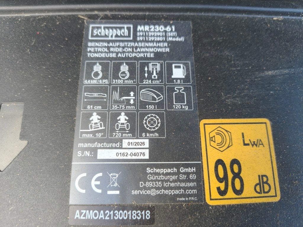 2026 Scheppach MR230-61 grasmaaier, zitmaaier, Ophalen, Cirkelmaaier, Cirkelmaaier, Scheppach