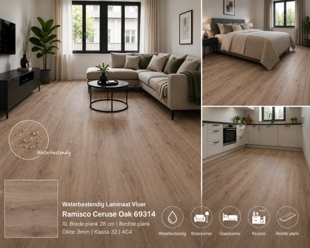 Waterbestendig 28cm breed Laminaat Ramisco Ceruse Oak 8mm, Bruin, 75 m² of meer, 28cm breed waterbestendig laminaat bruin, Nieuw