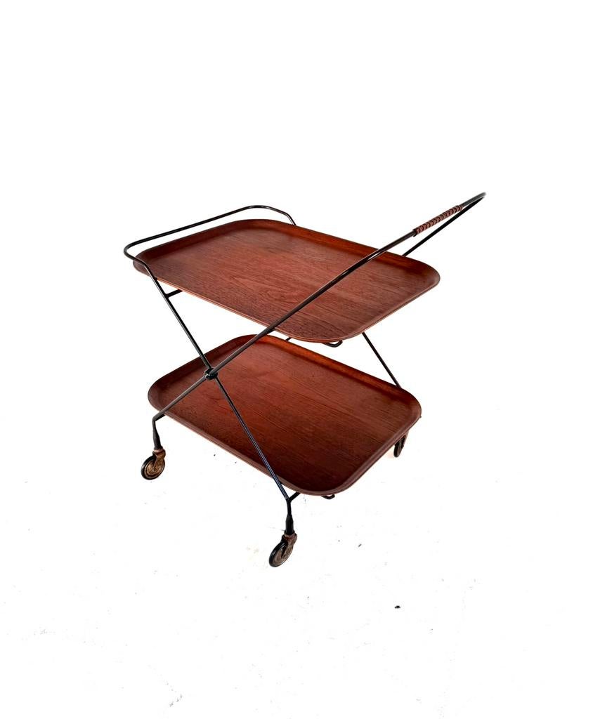 Vintage teakhouten trolley, Paul Nagel ‘60, Huis en Inrichting, Vintage retro buisframe design rotan webbing papercord deens, Ophalen of Verzenden