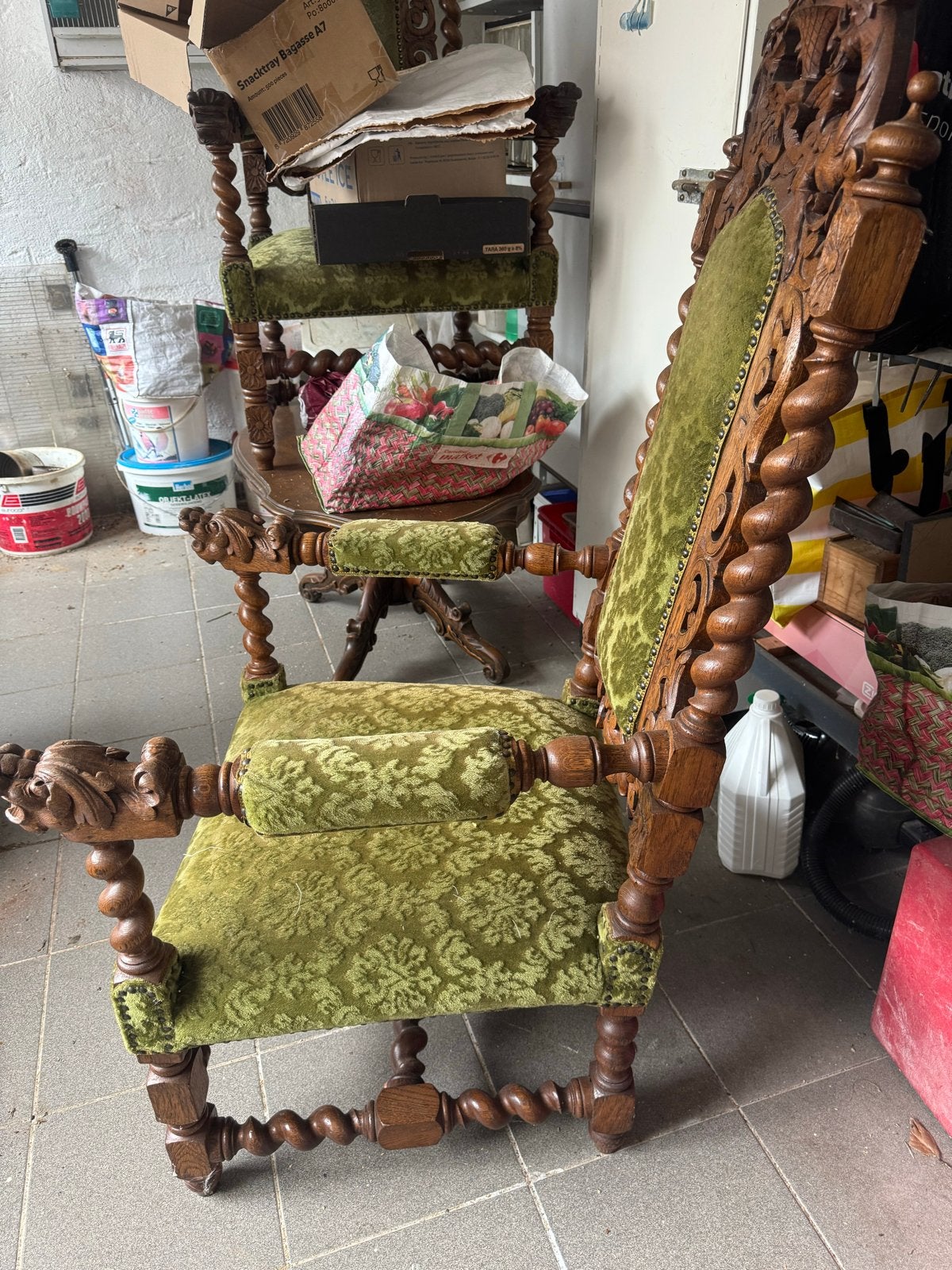 Antieke Barok Stoel met Groen Fluweel - Handgesneden Hout, Ophalen