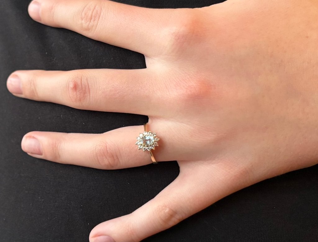 Diamant aquamarijn 14k gouden Lady Di ring dame briljant, Voordeelsieraden, Ophalen of Verzenden, Zo goed als nieuw, 17 tot 18