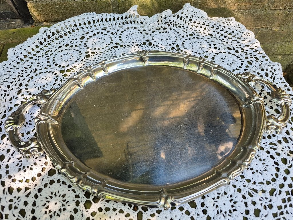 Vintage Ovaal Metalen Dienblad met Handvatten, Gebruikt, Afneembaar, Ophalen of Verzenden, Dienblad