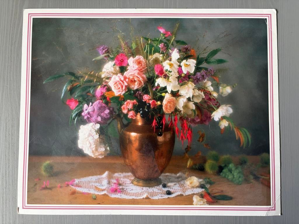 Prent bloemenstilleven in koperen vaas, 30x24cm, Ophalen of Verzenden