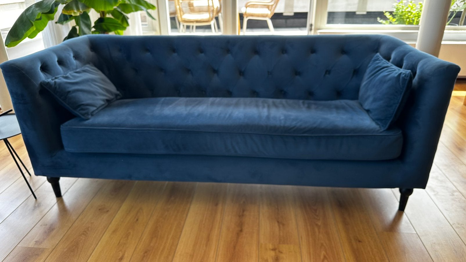 Flynn 3-zitsbank, saffierblauw fluweel, Ophalen, Gebruikt, Driepersoons, 75 tot 100 cm