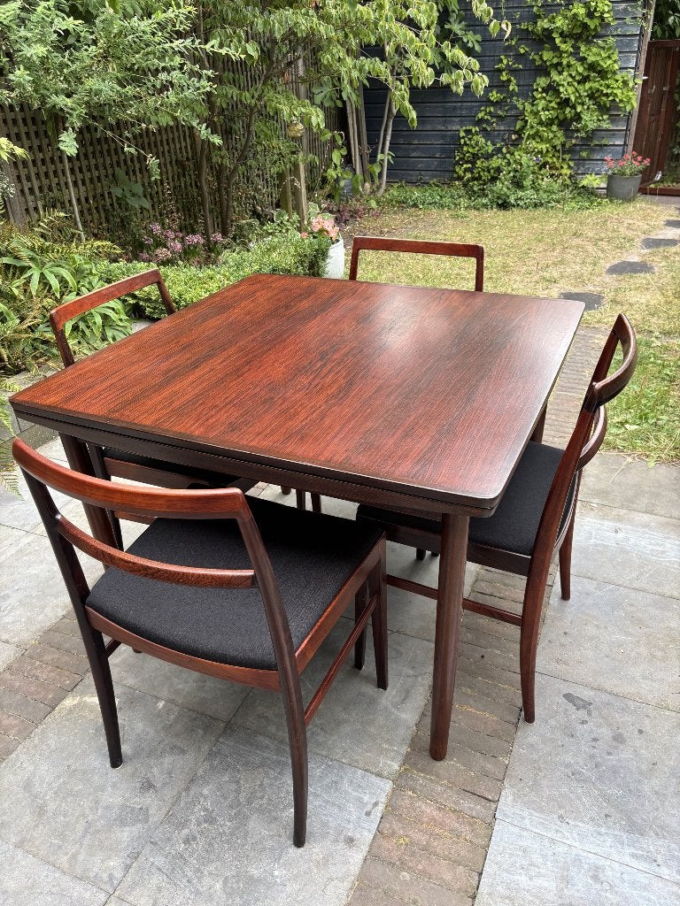 Vodder eetkamerset Sibast 4 palissander stoelen plus tafel, Ophalen, Gebruikt, Deens Midcentury Modern, 4 tot 6 stoelen