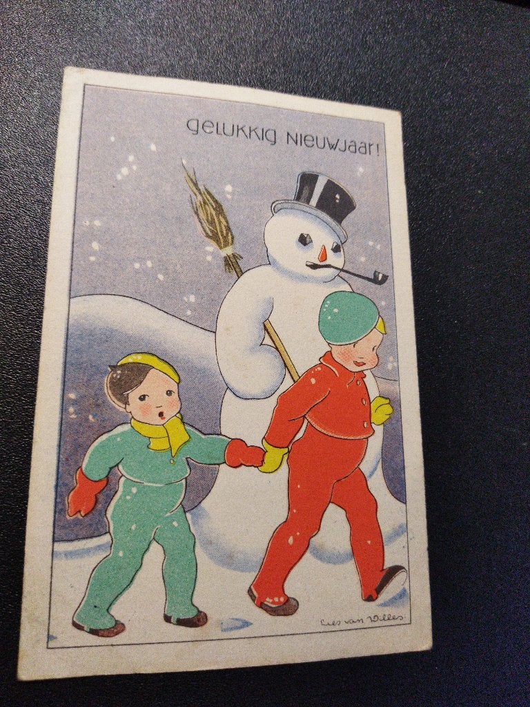 Ansichtkaart Gelukkig Nieuwjaar Lies van Willes sneeuwpop, Ophalen of Verzenden, 1920 tot 1940, Gelopen, Feest(dag)