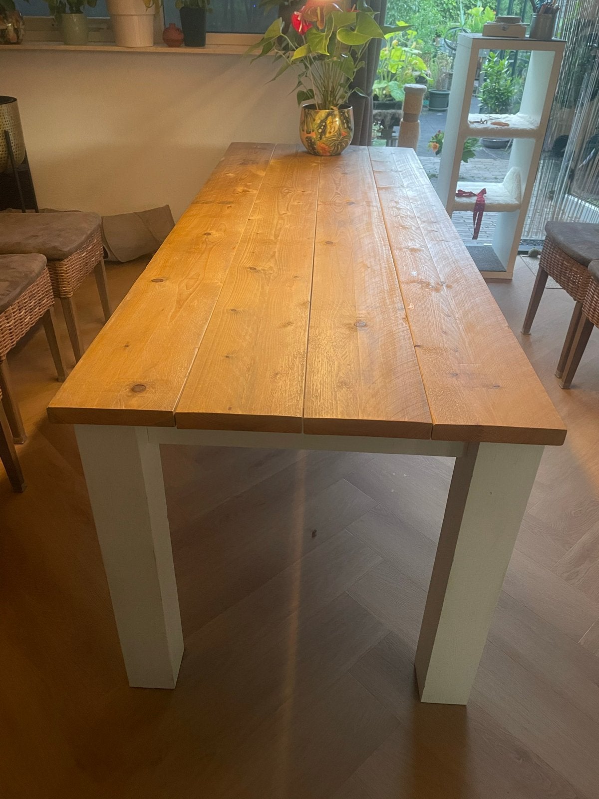 Steigerhouten eethoek met 6 stoelen- 200x76x74 cm, Ophalen, Gebruikt