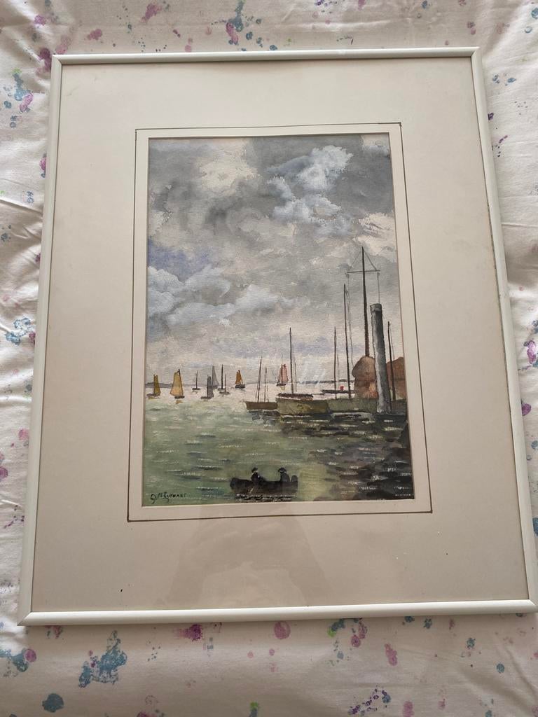 Originele aquarel gesigneerd met boten en nog veel meer, Antiek en Kunst, Kunst | Etsen en Gravures, Ophalen of Verzenden