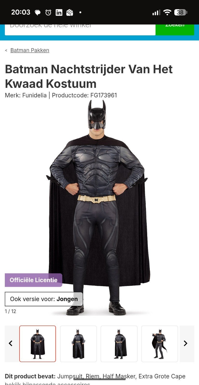 funidelia Officieel Dark Knight Rises Deluxe Batman kostuum, Maat 56/58 (XL), Ophalen of Verzenden, Overige thema's, Kleding