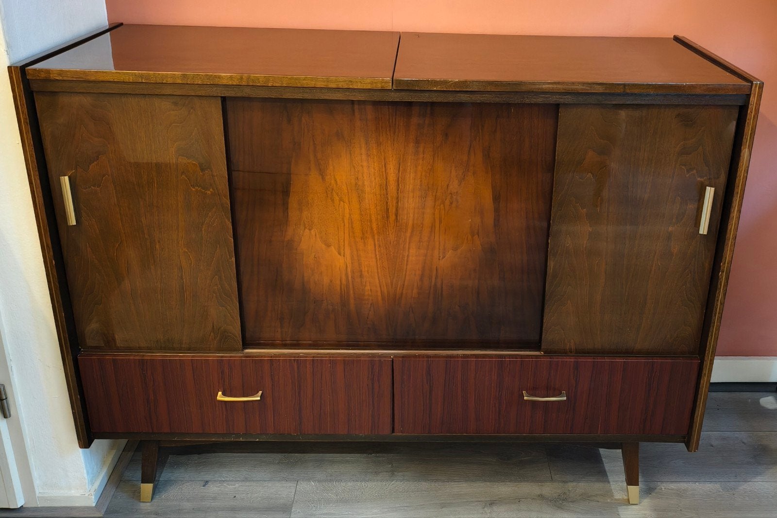 Retro Dressoir / Kast met Messing Details (Jaren 60/70), Gebruikt, 100 tot 150 cm, Met lade(s), Retro, Vintage, Jaren 60, Jaren 70