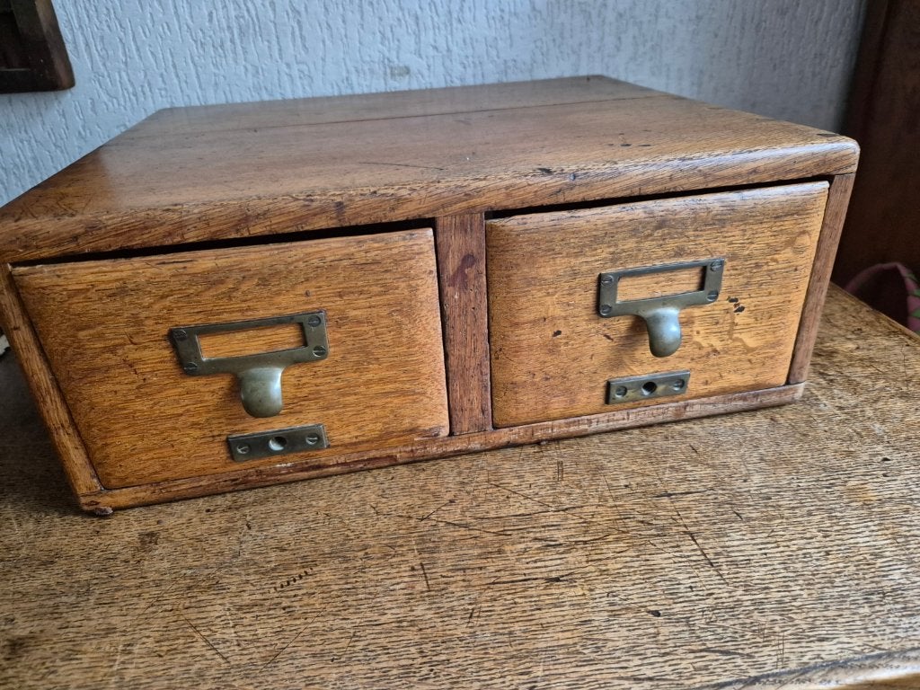 Antiek eiken Bureau archief/kastje met 2 laden, Antiek en Kunst, Ophalen of Verzenden