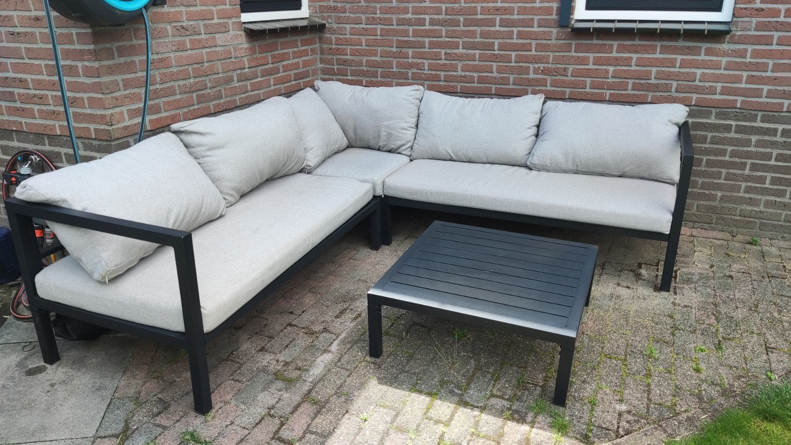 Aluminium loungeset 224x224cm met kussens en salontafel, Tuin en Terras, Ophalen, Gebruikt, Aluminium, Loungeset