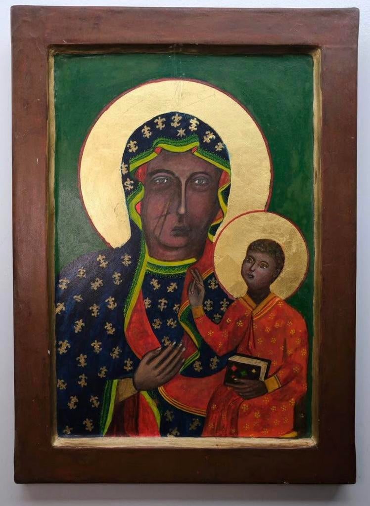 Handgeschilderd icoon zwarte Madonna bladgoud, Ophalen of Verzenden