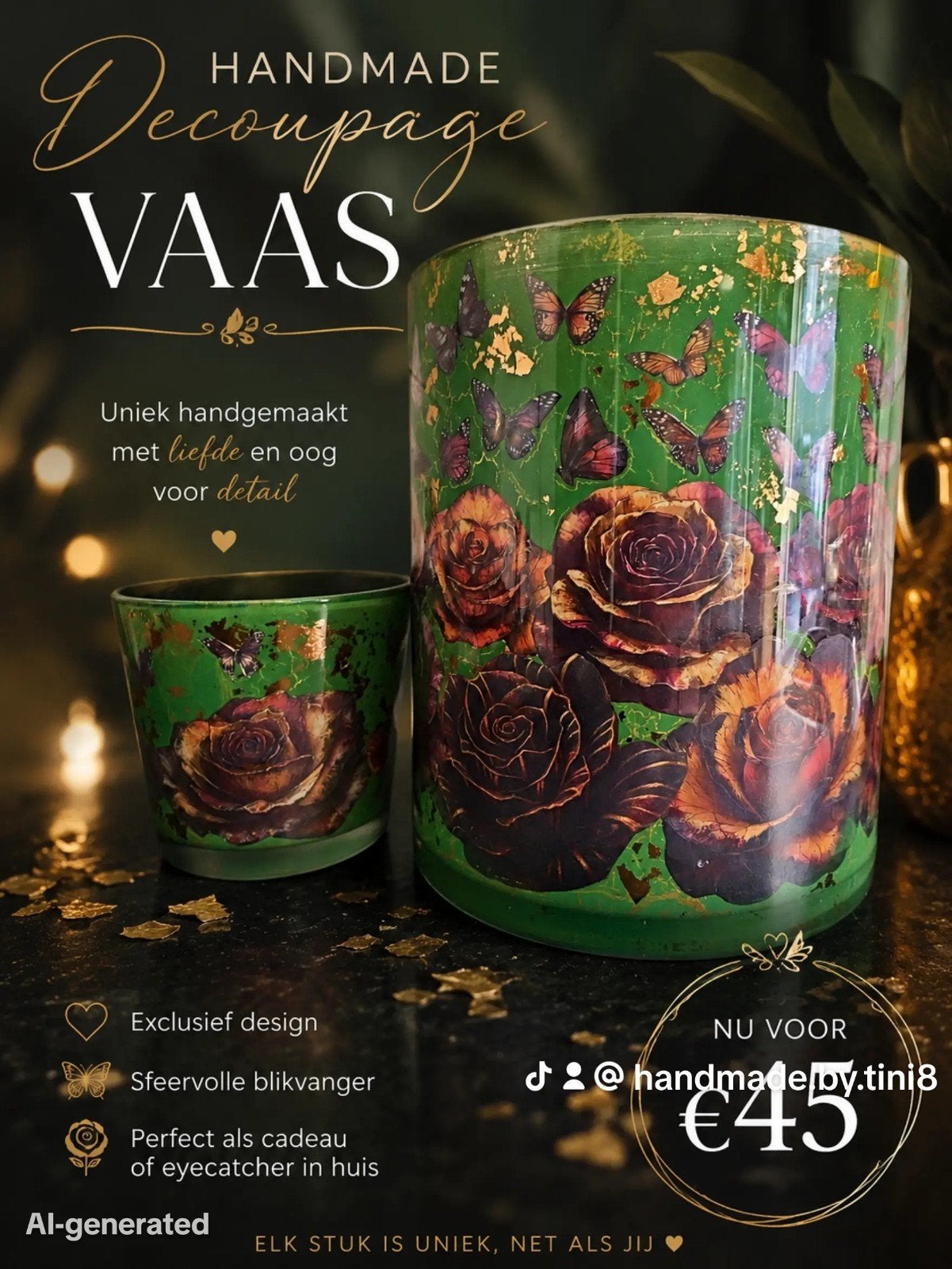 Handgemaakte Decoupage Vaas met Rozen en Vlinders, Meerkleurig, 25 cm, Nieuw, Ophalen of Verzenden