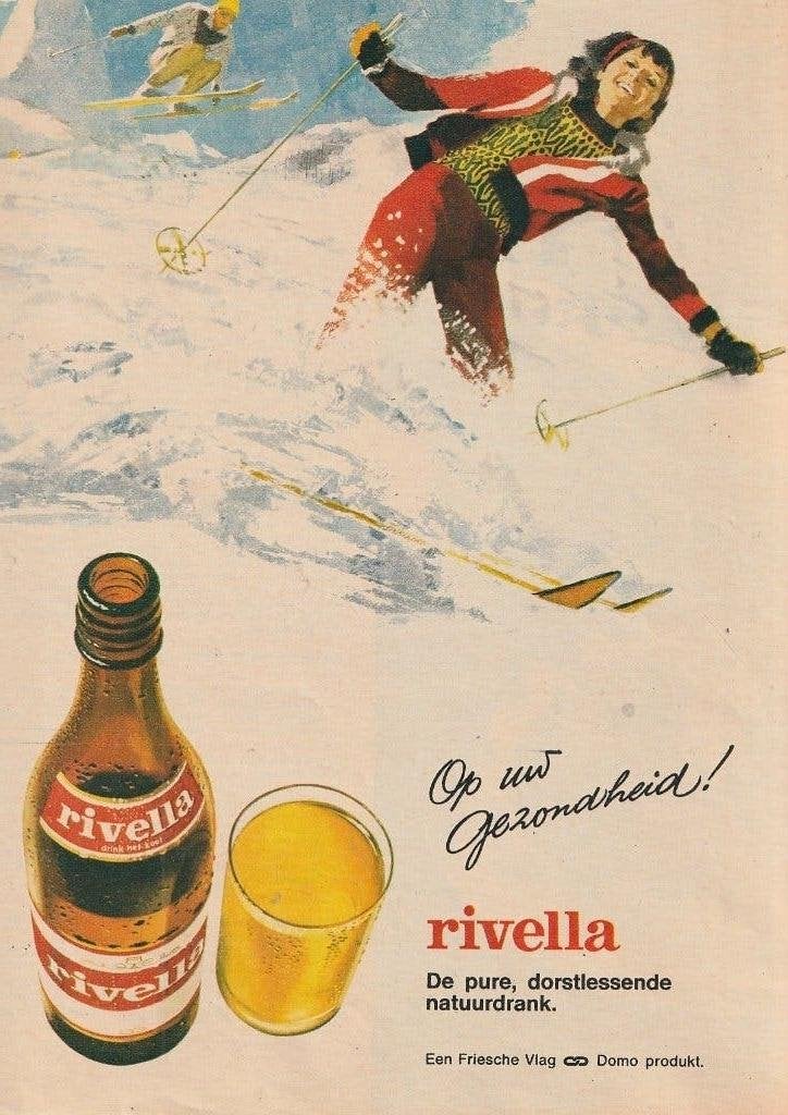 Retro reclame 1969 Rivella frisdrank zuivel skiën sneeuw, Verzamelen, Verzenden, Overige typen