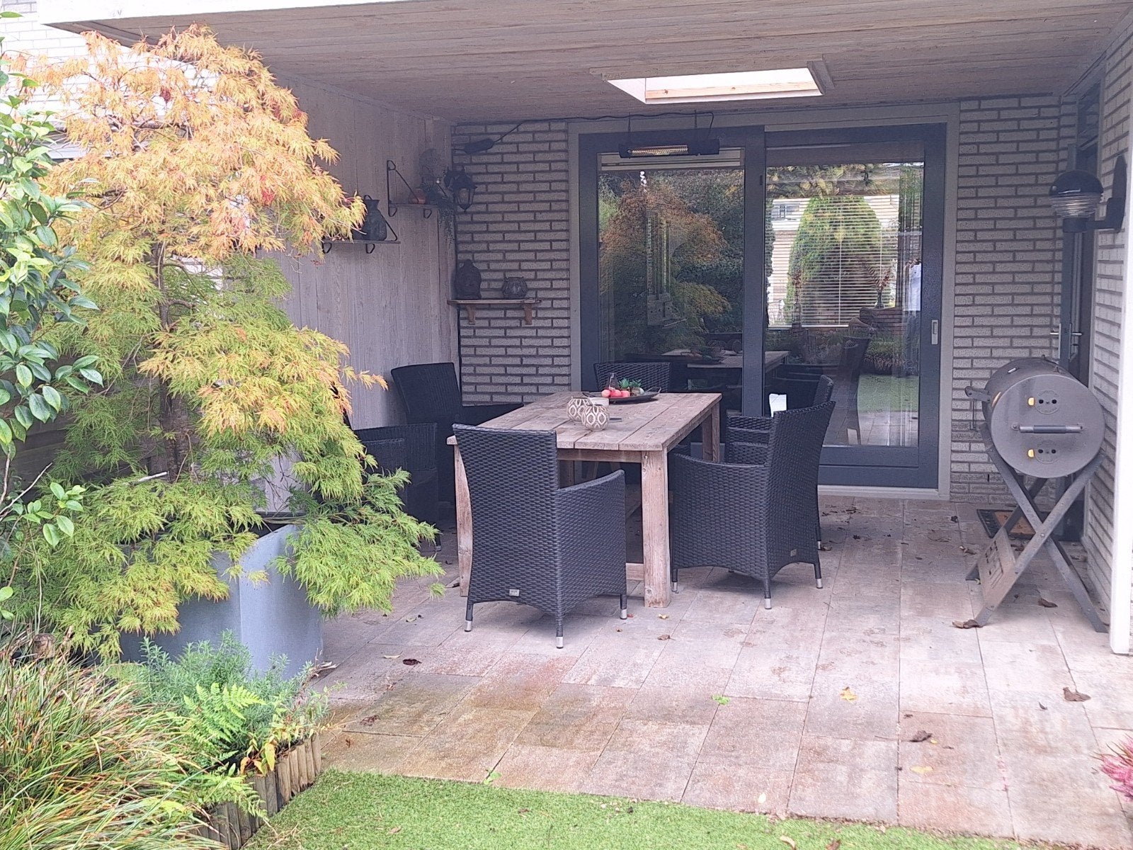 Tuintafel (steigerhout) met 4 tuinstoelen, Tuin en Terras, Ophalen, Zo goed als nieuw, Overige typen