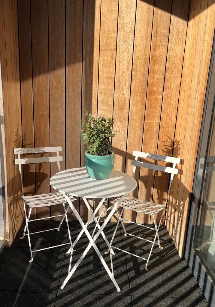 Fermob Bistro set wit - Ø60 klaptafel en 2 stoelen, Tuin en Terras, Tuintafels, Ophalen, Gebruikt, Rond, Metaal