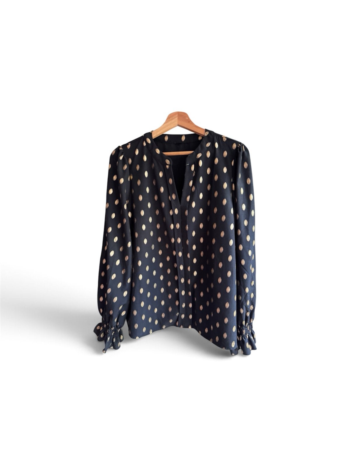 Chique zwarte blouse met gouden stippen, maat 42, Verzenden, Nieuw, Maat 42/44 (L), Zwart