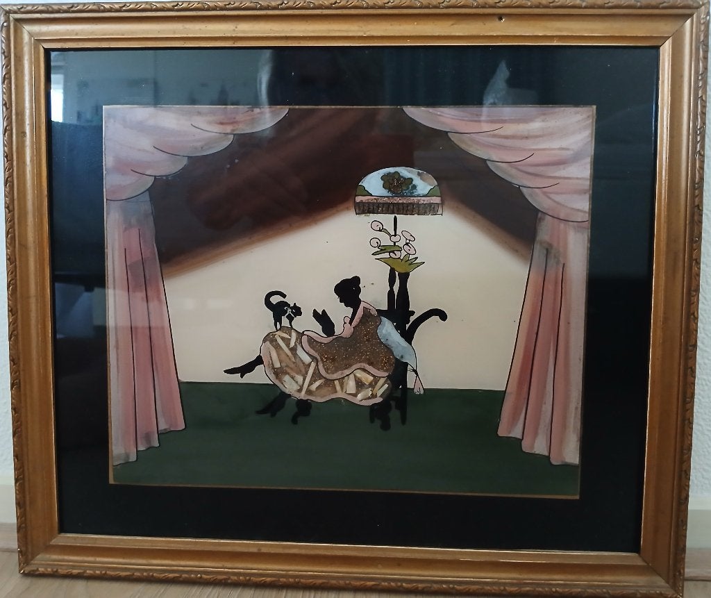 art deco églomisé, mother of pearl reverse glass painting., Ophalen, Klassiek, Overige onderwerpen, Papier