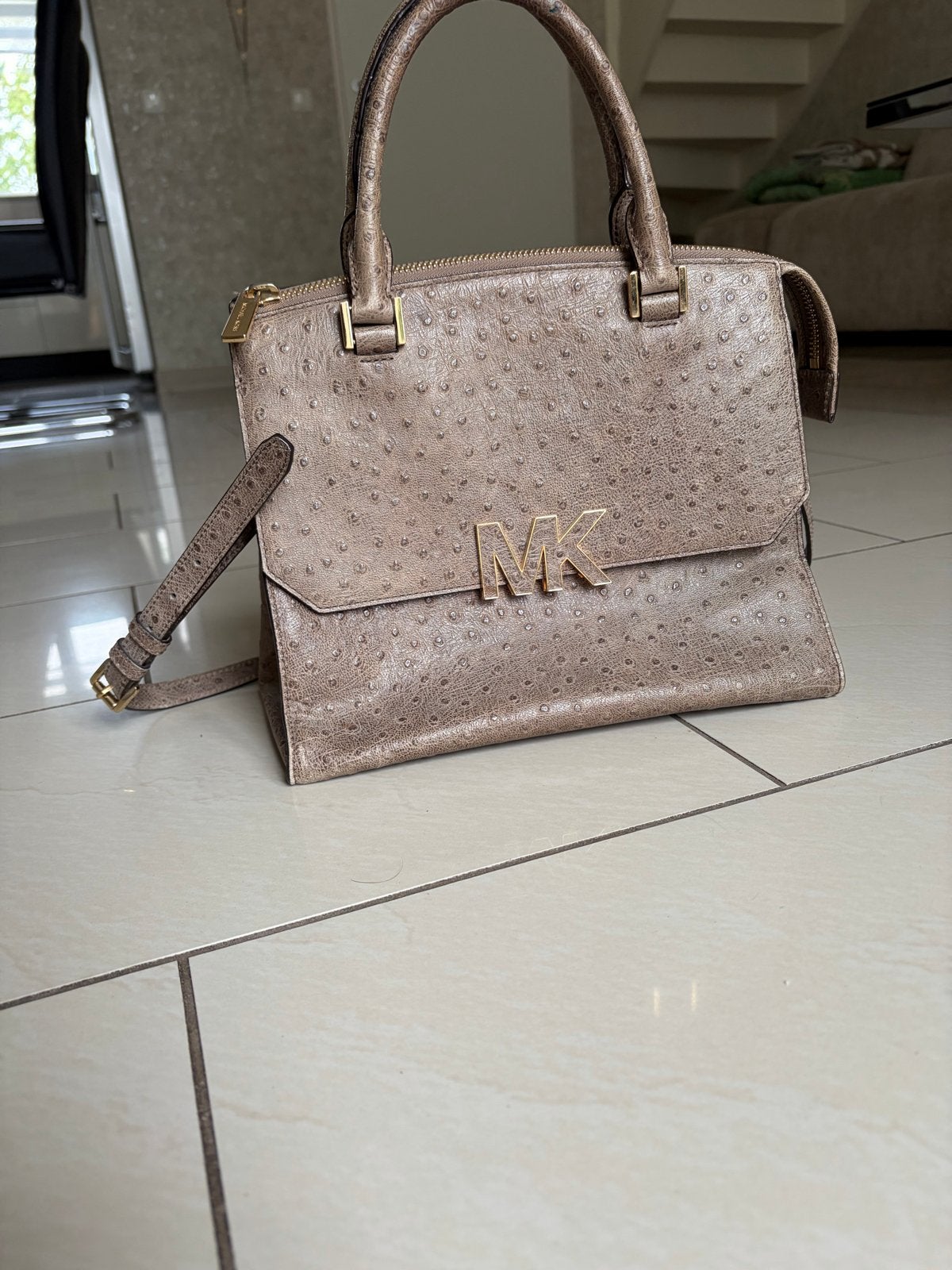 Michael Kors Handtas - Beige Echt Leer Struisvogelprint, Ophalen of Verzenden, Gebruikt, Beige, Handtas