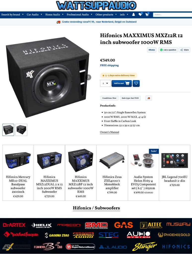 Hifonics MAXXIMUS MXZ12R 12 inch subwoofer 1000W RMS, Audio-design, Nieuw, Am Breilingsweg 3, 76709 Kronau, Duitsland, Ophalen of Verzenden
