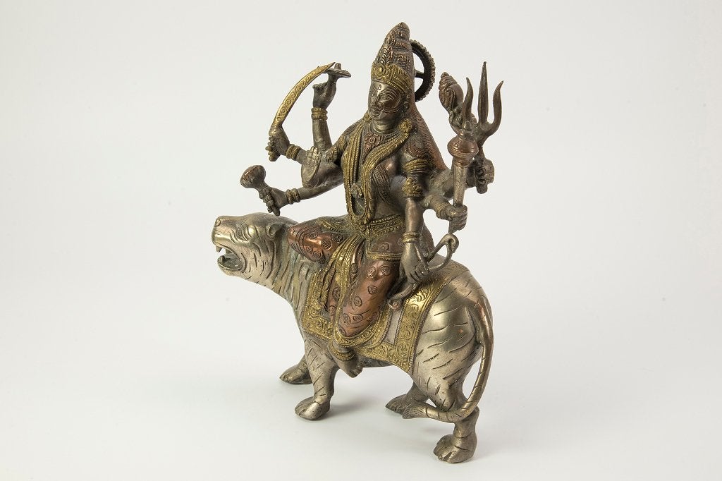 Bronzen Beeld van Godin Durga op Tijger, Ophalen of Verzenden, Brons, 20 - 50 cm, Azië