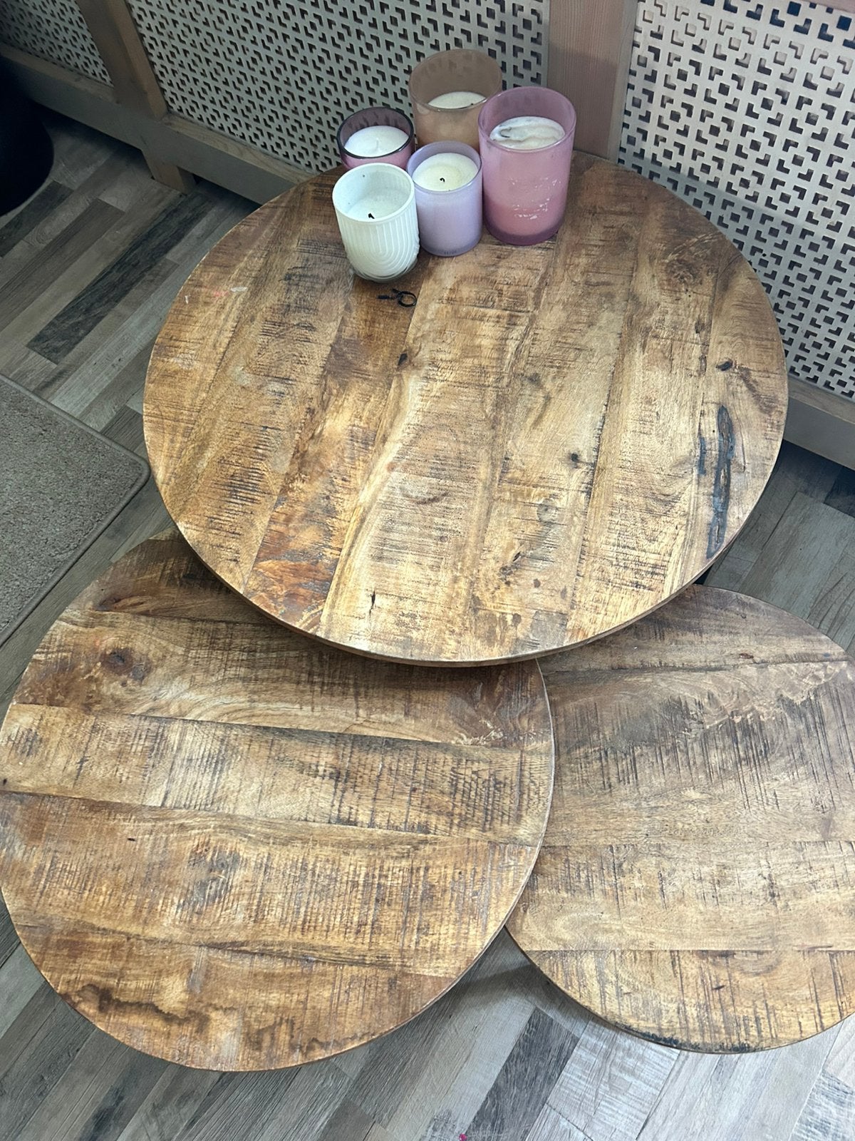 Set salontafels mangohout, Huis en Inrichting, Tafels | Salontafels, Ophalen, Zo goed als nieuw, Rond, 50 tot 100 cm
