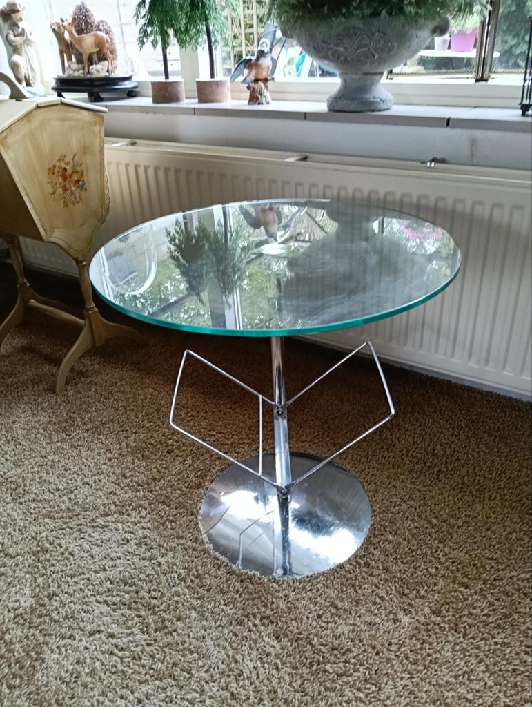 Vintage bijzet tafeltje, Minder dan 55 cm, Rond, Glas, Ophalen