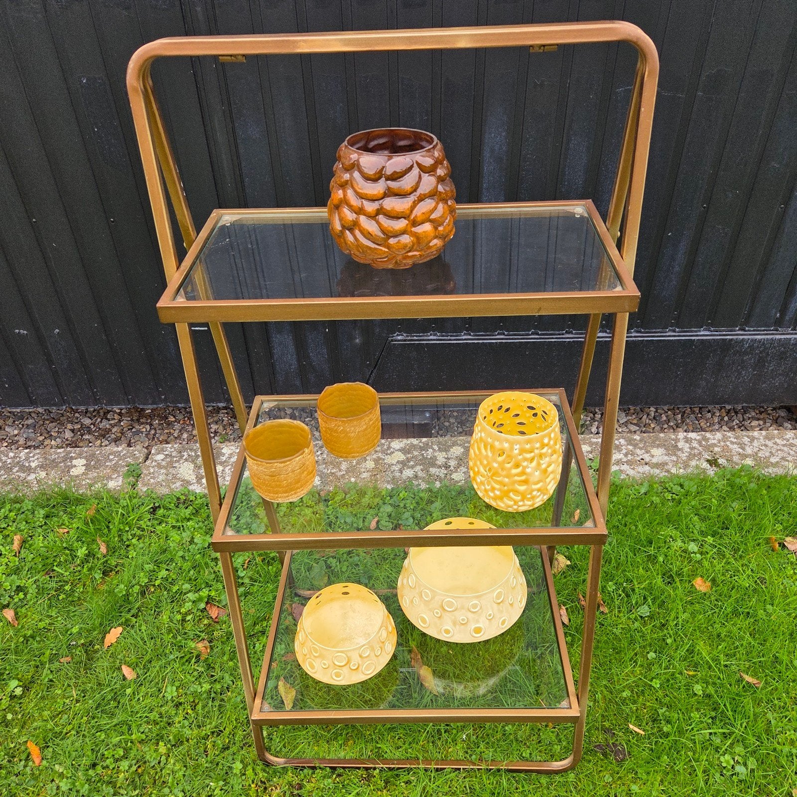 Etagere Plantenrek Gouden rek m 3 glazen platen, Ophalen, Zo goed als nieuw